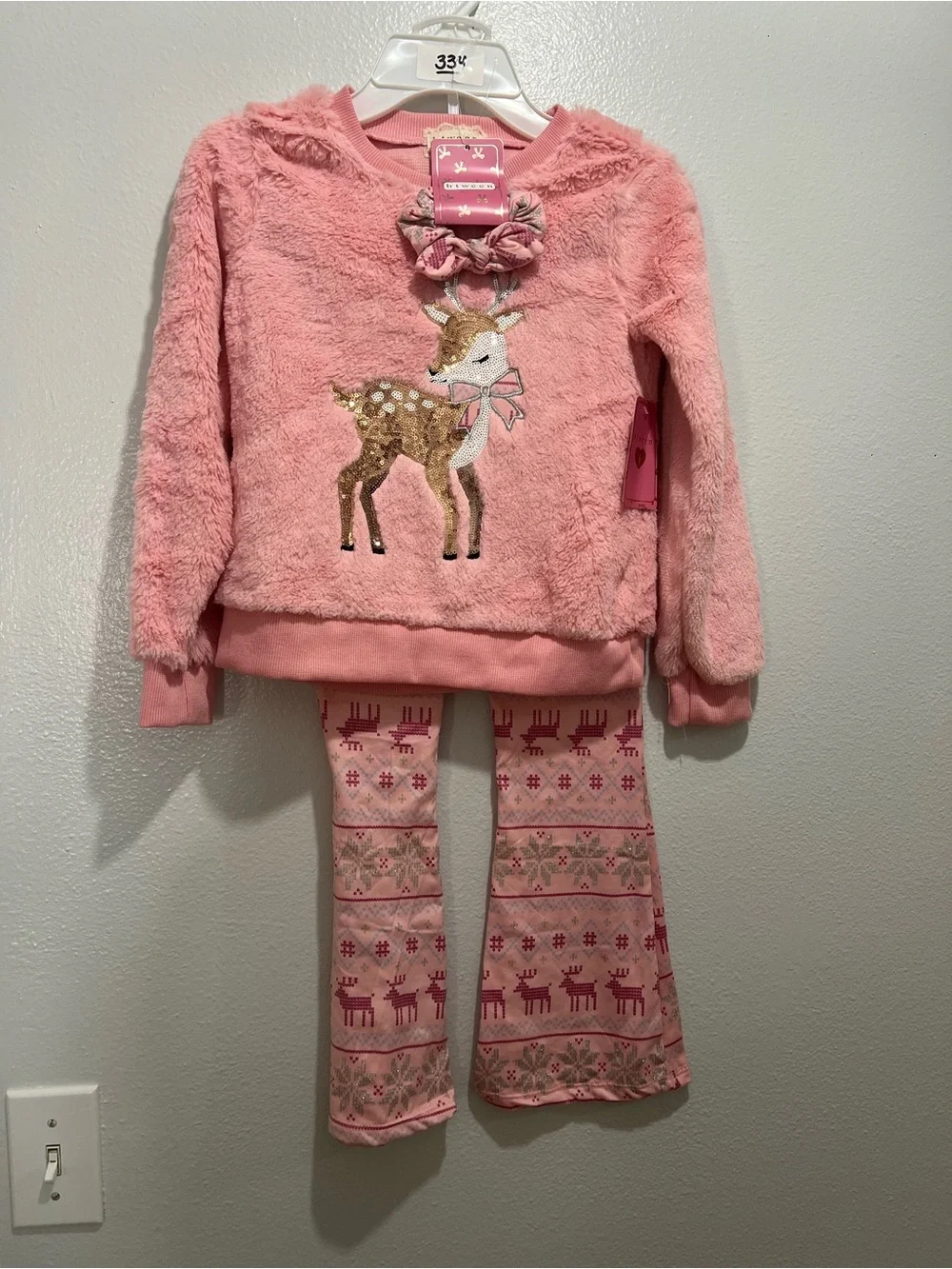 btween Pink 3-Piece Girls' Holiday Pajama Set with Sequin Reindeer